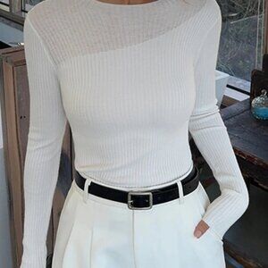 Commense Knit Ribbed Crew Neck Asymmetric Top